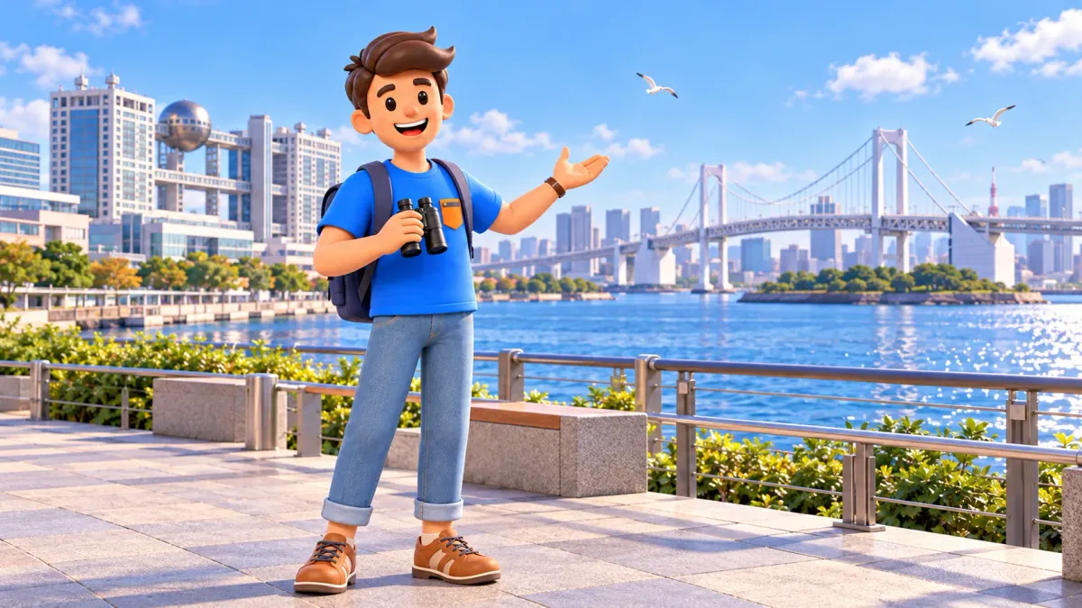 Traveler with binoculars enjoying the bay on a stylized Odaiba waterfront