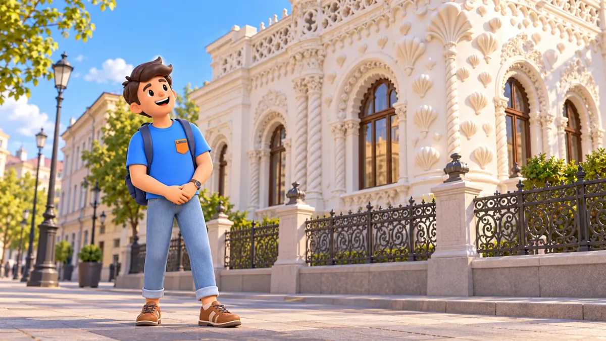 A traveler studies stylized white decoration inspired by Morozov’s mansion, 3D illustration