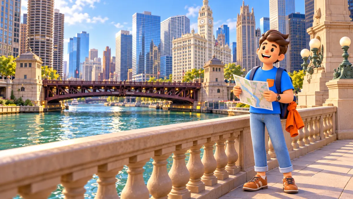 Viajero con un plano observando puentes y orillas del río Chicago.