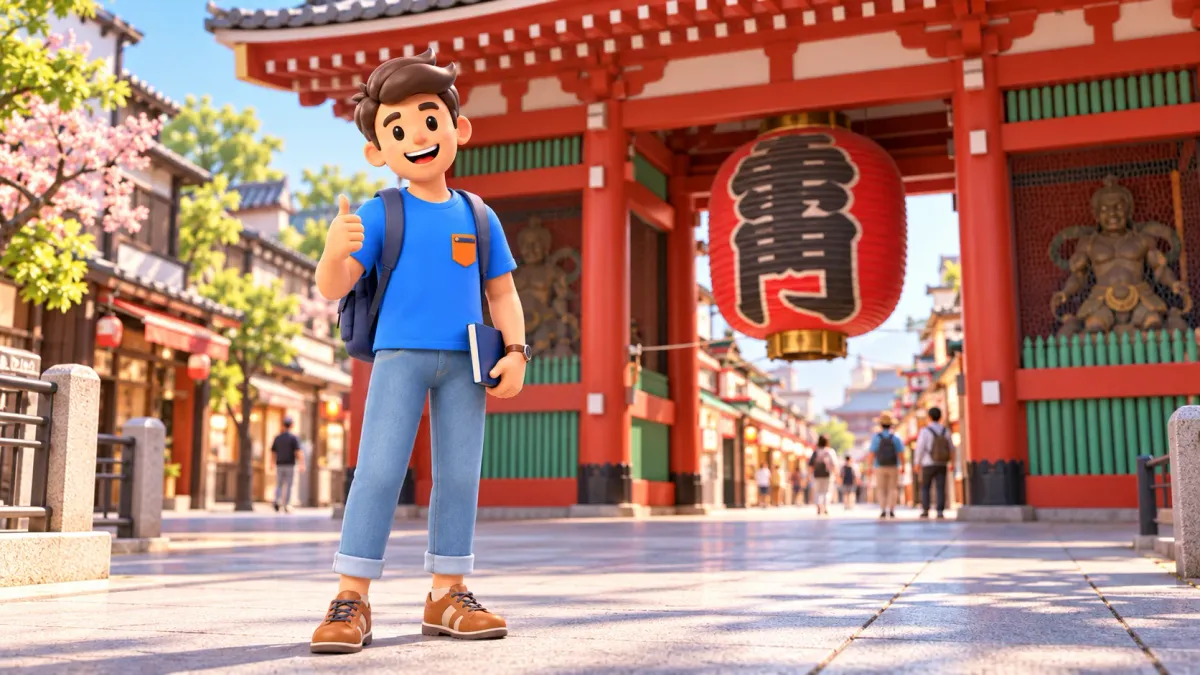 Traveler with a guidebook near a stylized Kaminarimon gate