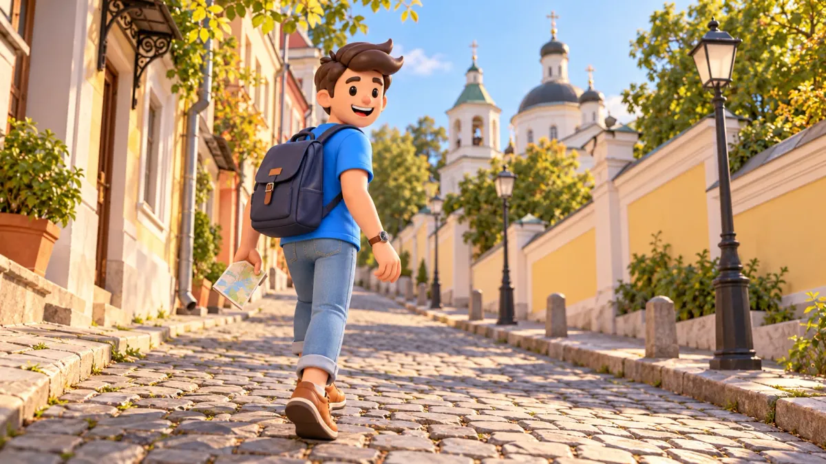 Ein Reisender geht eine illustrative alte Moskauer Gasse bergauf, 3D-Illustration