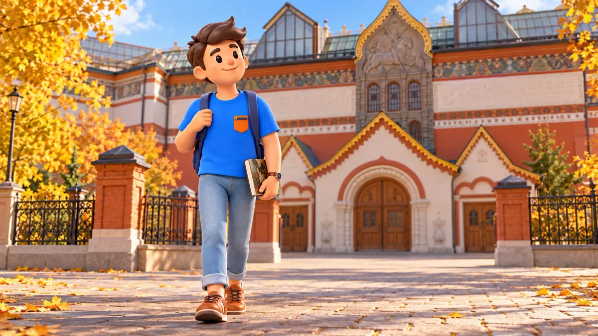 A traveler with an art catalogue starts a walk outside the historic Tretyakov Gallery, 3D illustration