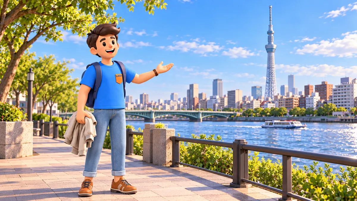Voyageur regardant la Sumida et la silhouette de Tokyo Skytree