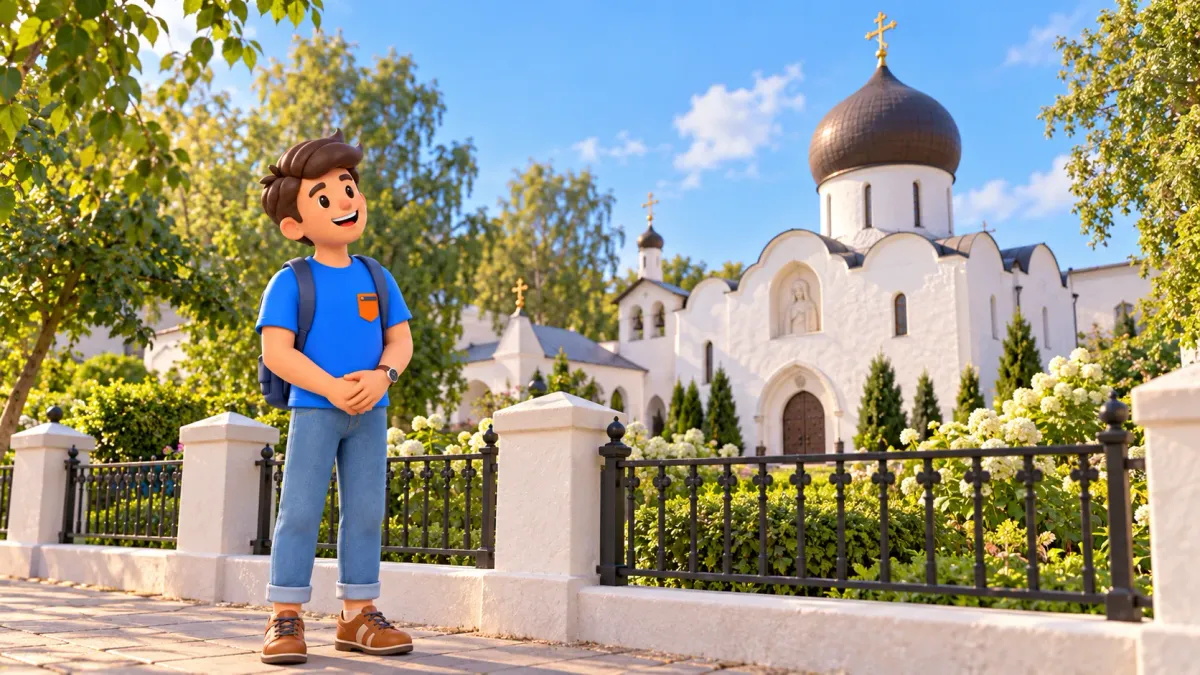Un voyageur près d’un ensemble religieux blanc inspiré des Saintes-Marthe-et-Marie, illustration 3D