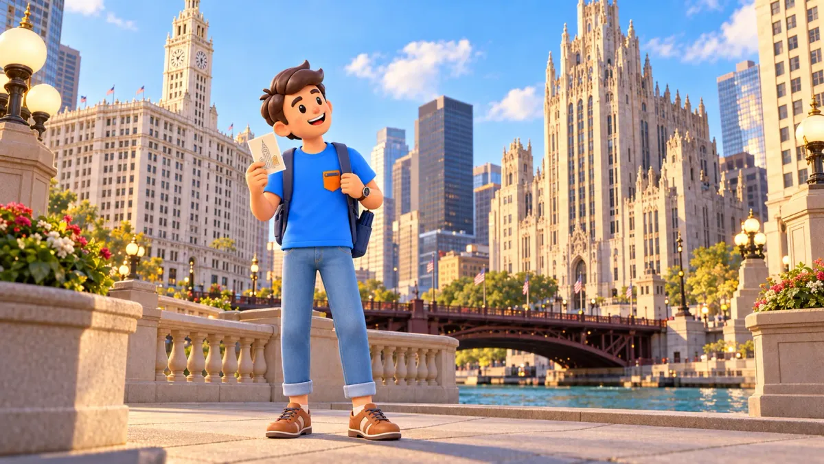 Traveller comparing the silhouettes of Wrigley Building and Tribune Tower.