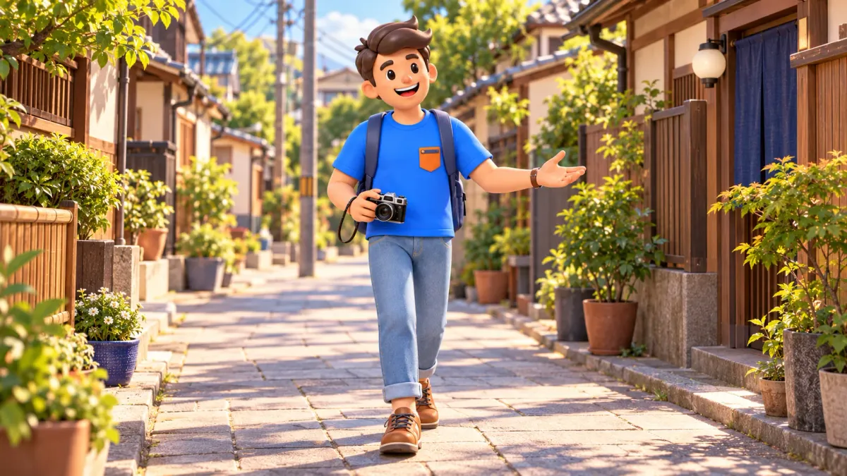 Traveler with a camera on a quiet Yanaka-inspired street, editorial illustration