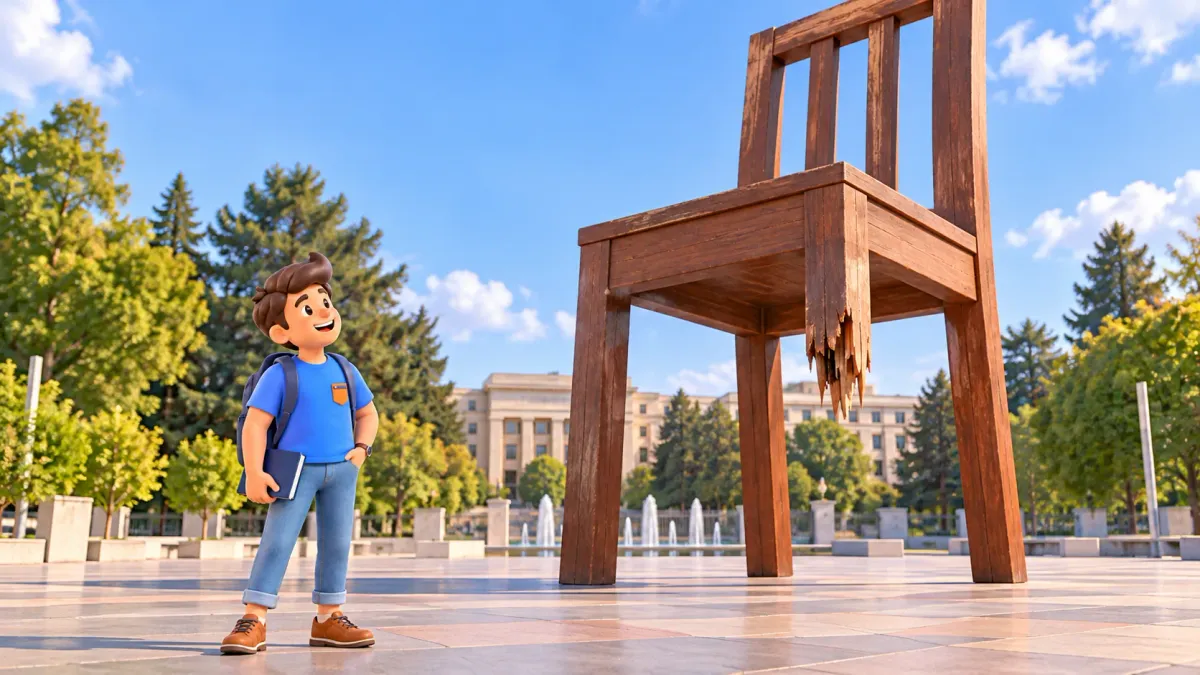 A traveller looking at a giant wooden chair with a broken leg on a public square