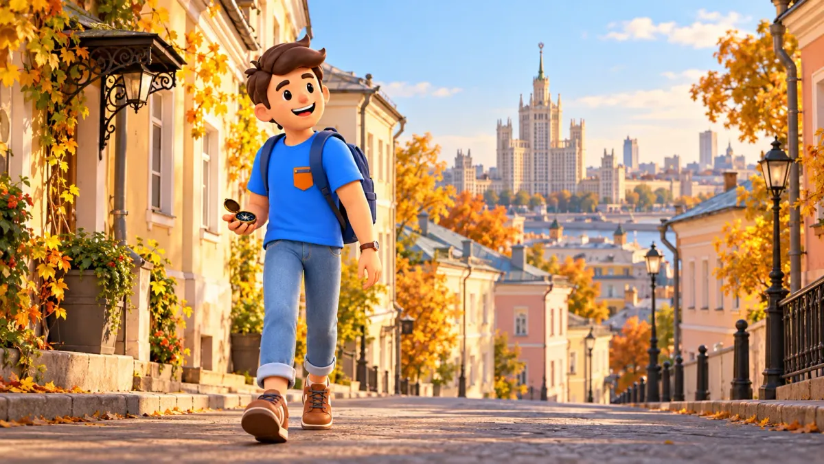 A traveler in an illustrative sloping lane with a high-rise silhouette, 3D illustration