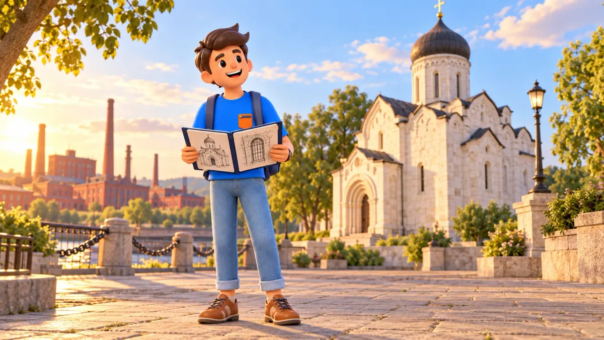 A traveler with architectural sketches in an illustrative composition of a white-stone church and industrial buildings, 3D illustration