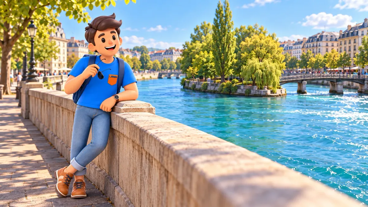 A traveller looking towards a leafy island from the riverside