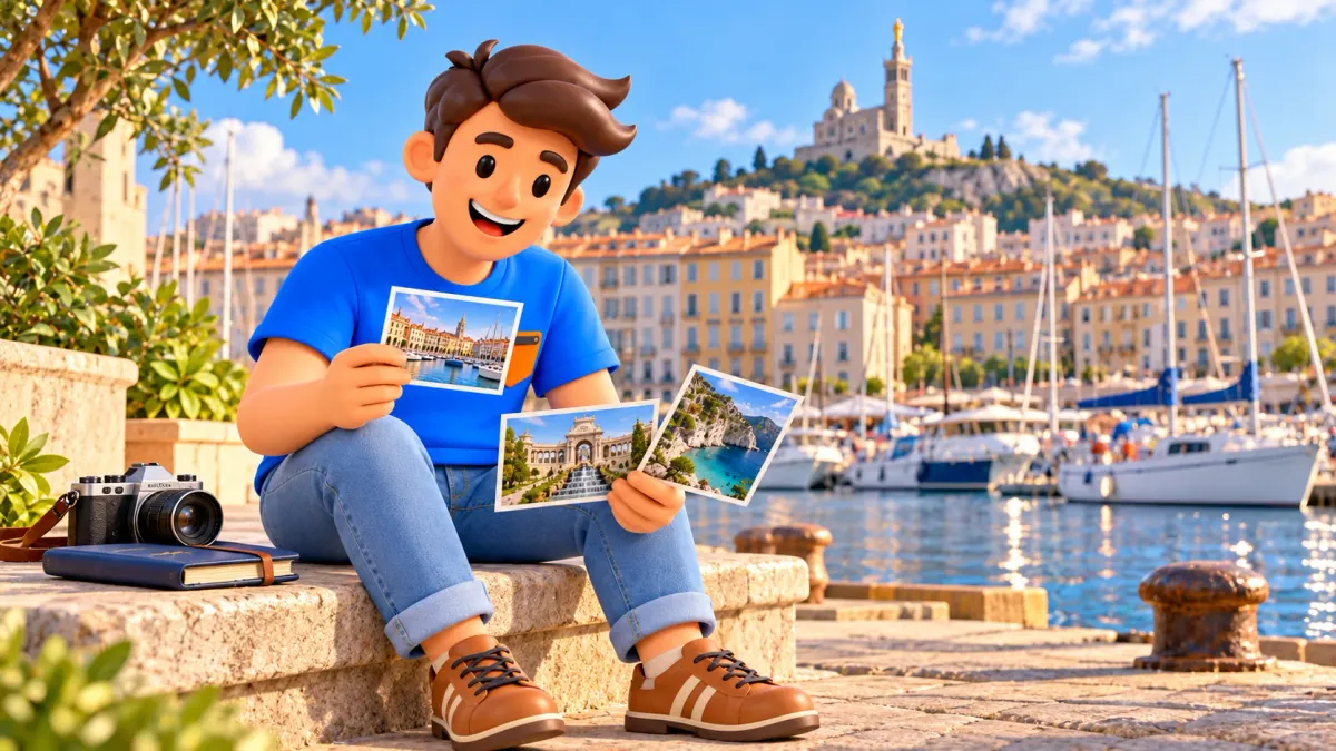Illustrierter Reisender wählt Marseille-Postkarten am Alten Hafen