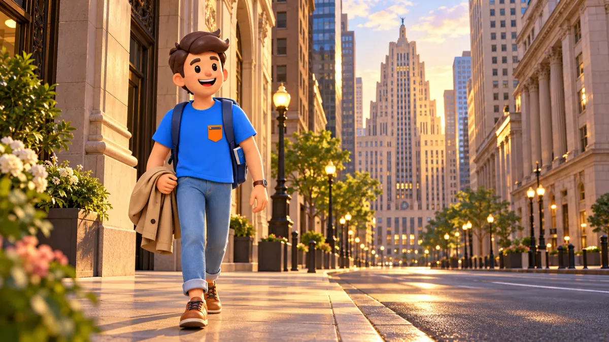 Traveller walking along LaSalle Street with the Board of Trade ahead.