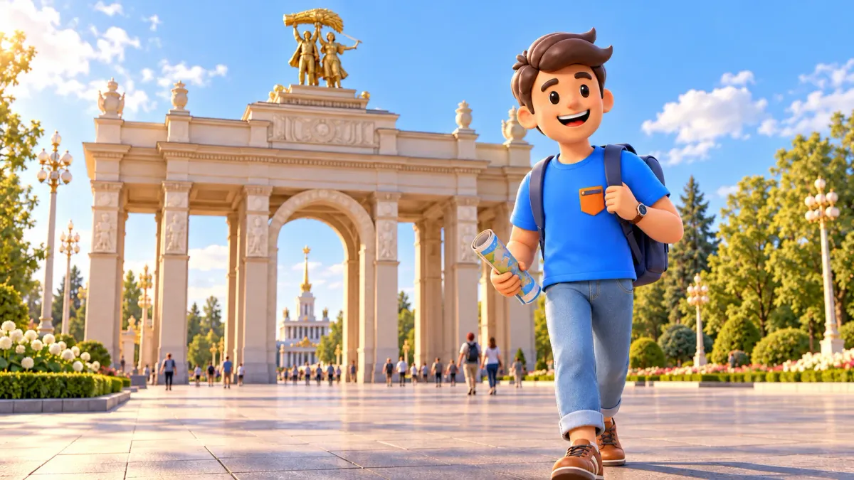 Un voyageur avec un guide à l’entrée principale de VDNKh, illustration artistique 3D