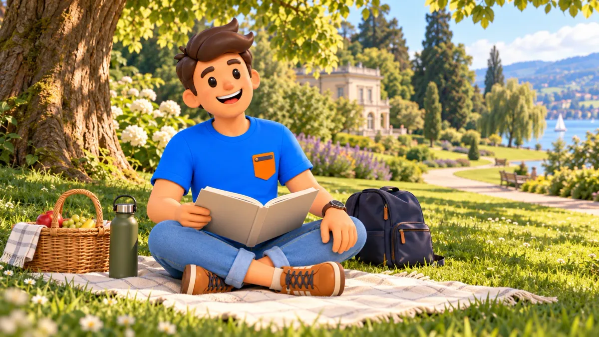 Illustration of a traveller relaxing with an art book and picnic basket in a green park