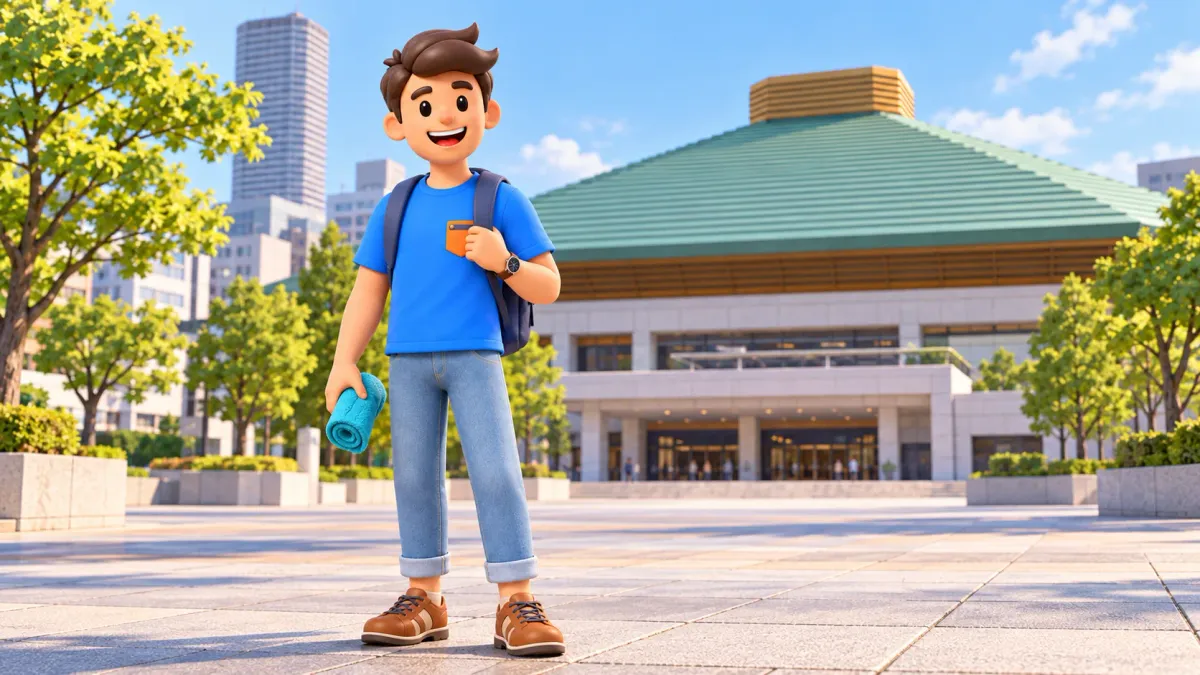 Reisender mit kleinem Handtuch vor einer Arena mit grünem Dach in Ryogoku