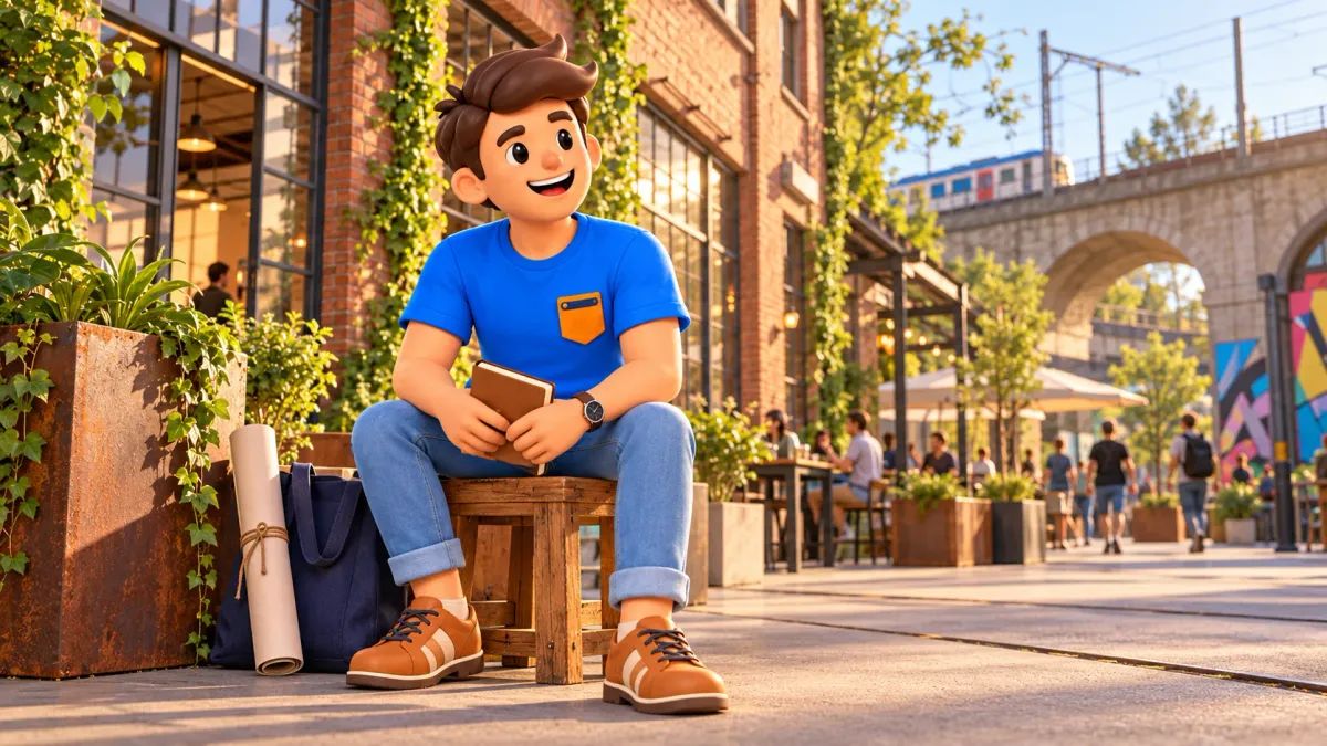 Ilustración de un viajero con un cuaderno en un patio industrial recreado