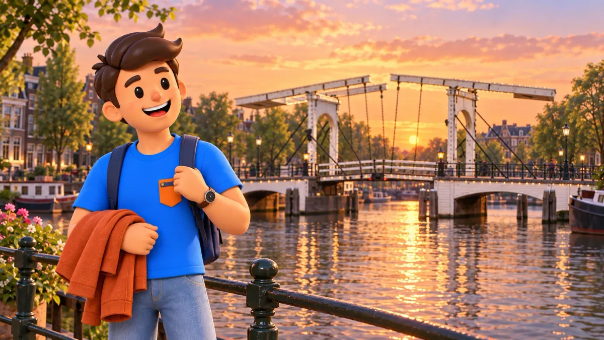Illustration of a traveller with a light jacket by Magere Brug at sunset