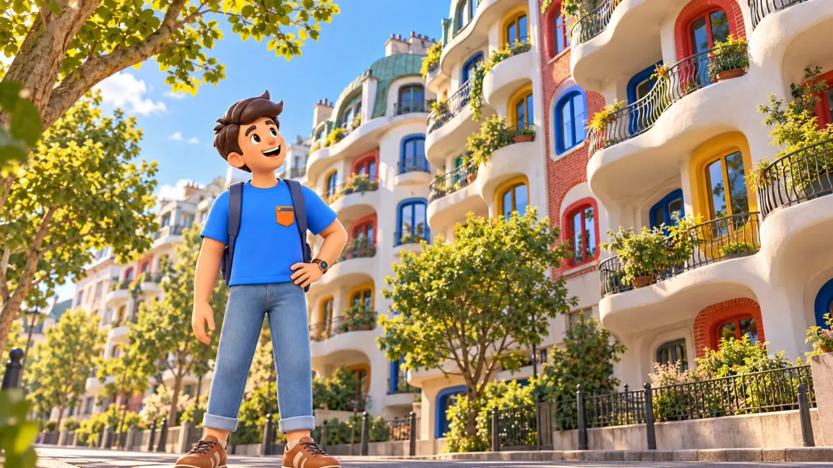Un viajero observa fachadas residenciales originales desde la calle