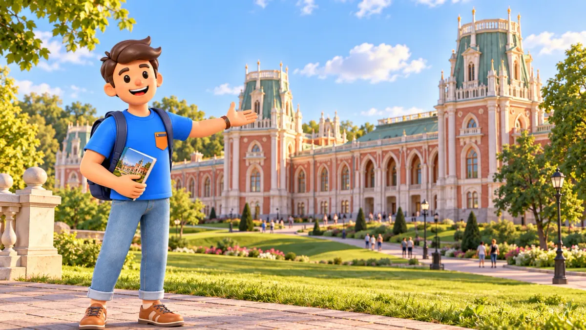 A traveler presents palace architecture inspired by Tsaritsyno, artistic 3D illustration