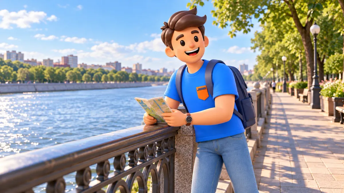 A traveler with a booklet by a riverside railing, artistic 3D illustration of a Moscow park embankment