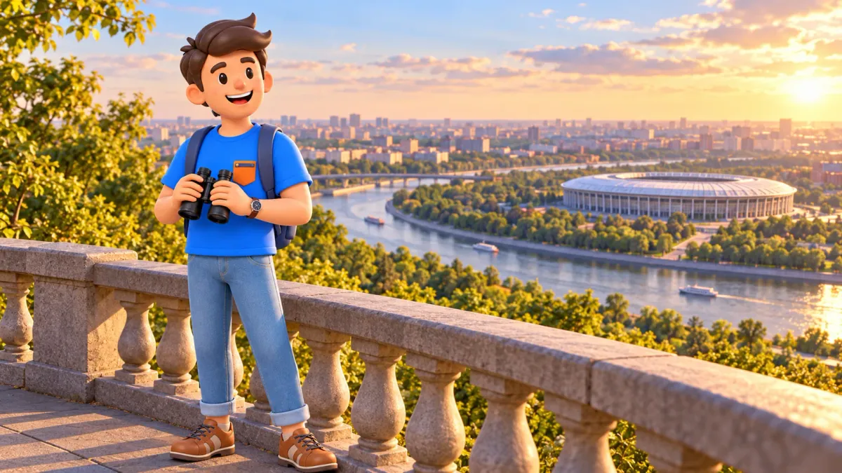 Un voyageur avec des jumelles devant un panorama haut illustratif du fleuve et du stade, illustration 3D