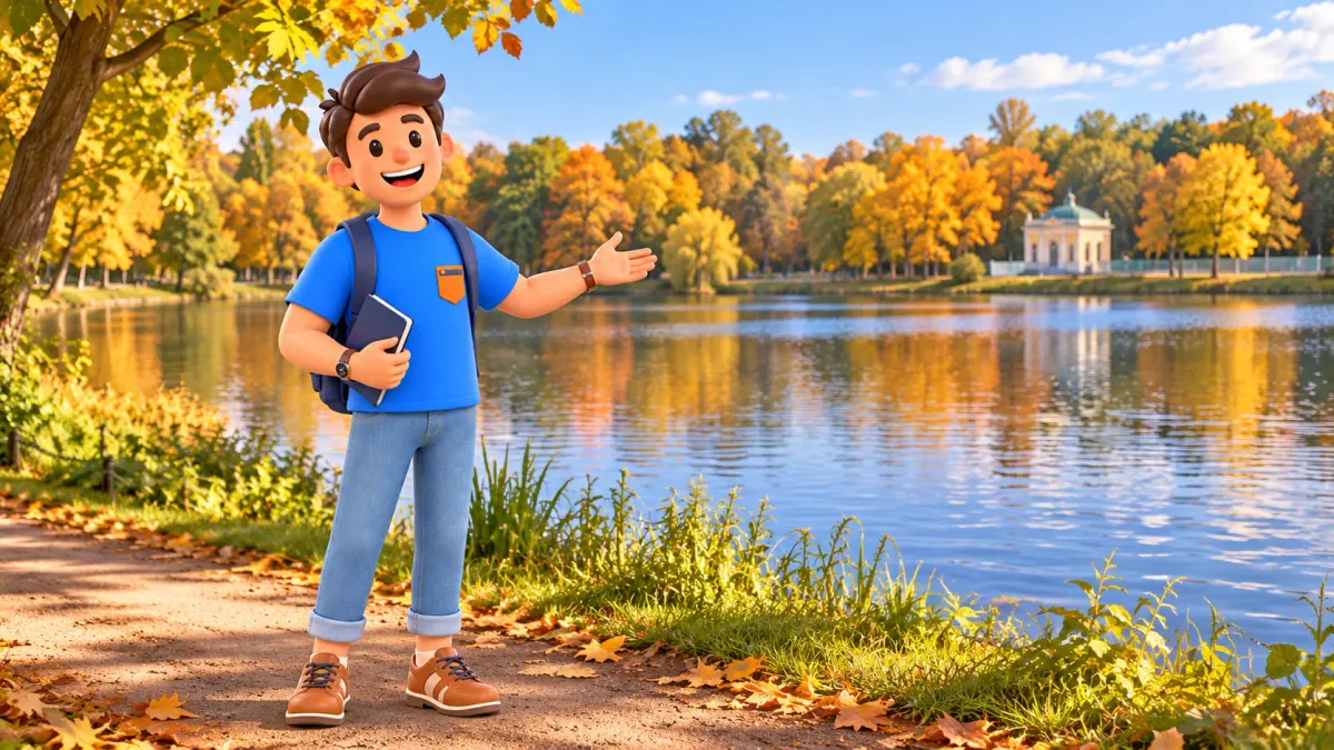 A traveler beside an illustrative estate pond and autumn trees, 3D illustration