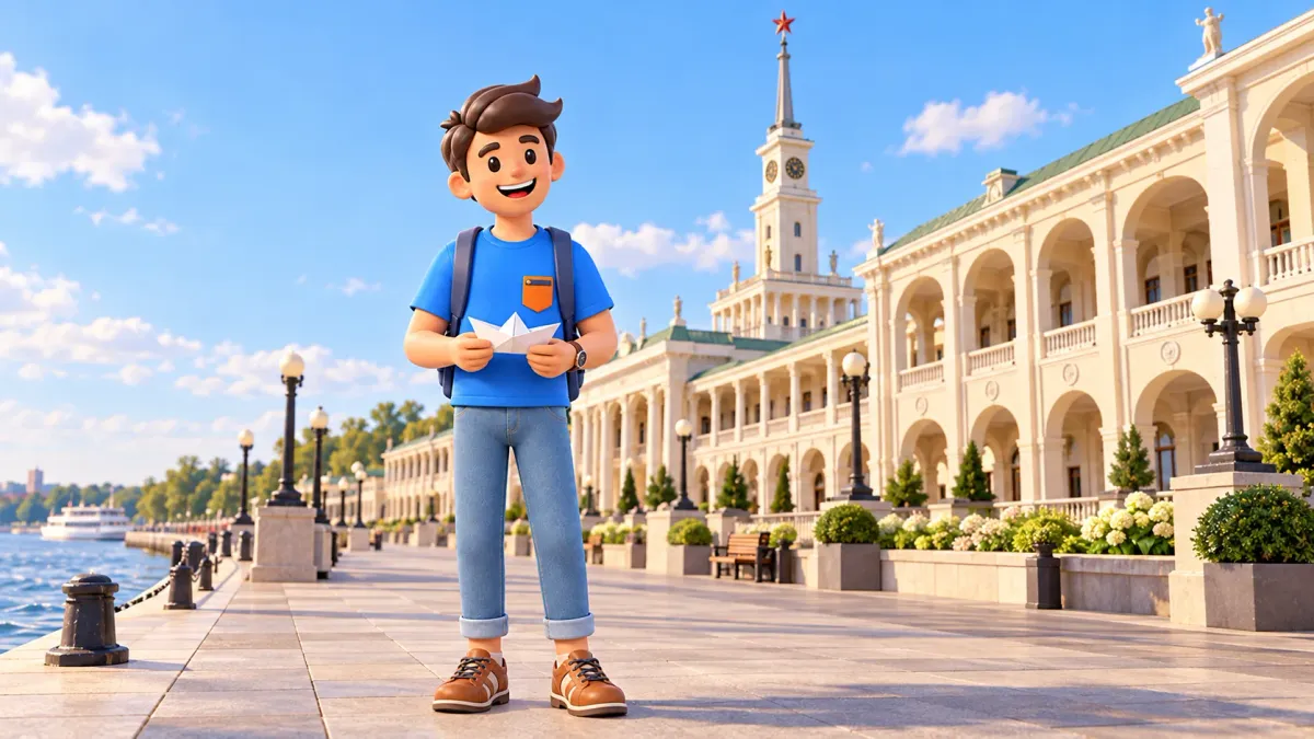 A traveler with a paper boat beside a stylized Northern River Terminal on the same bank, 3D illustration