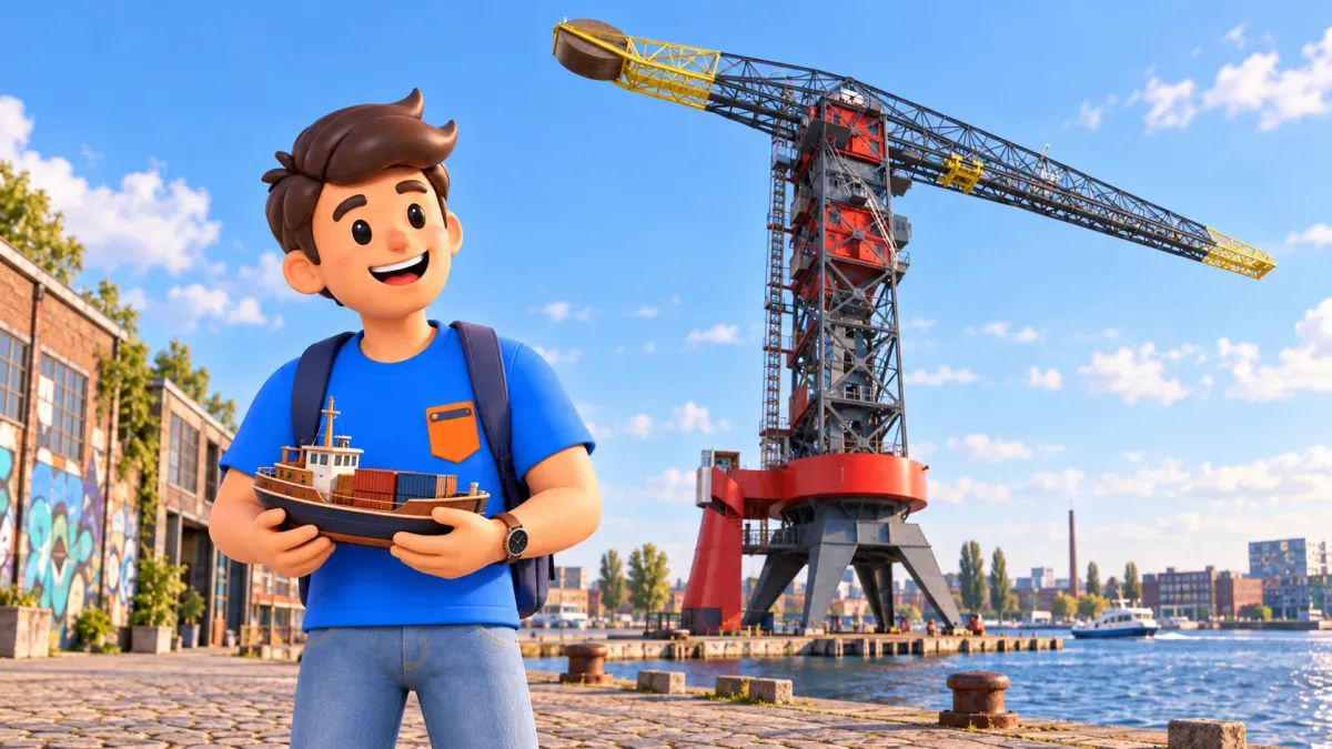 Illustration of a traveller with a cargo-boat model in front of Faralda crane