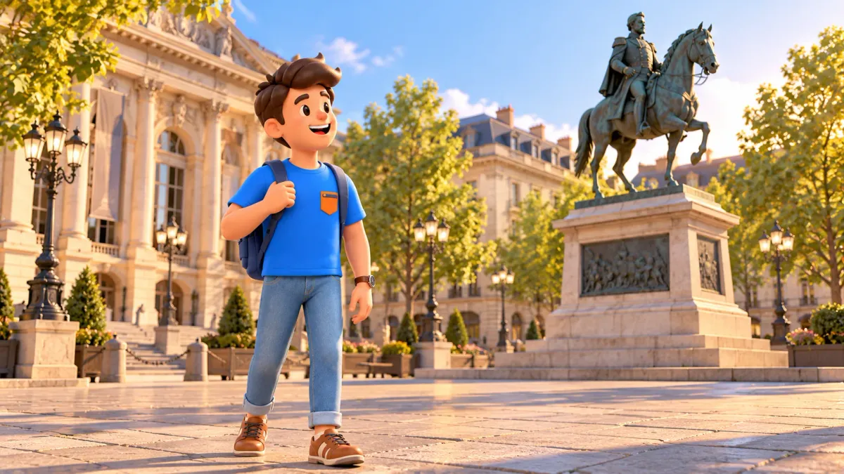 A traveller on a city square beside an equestrian monument