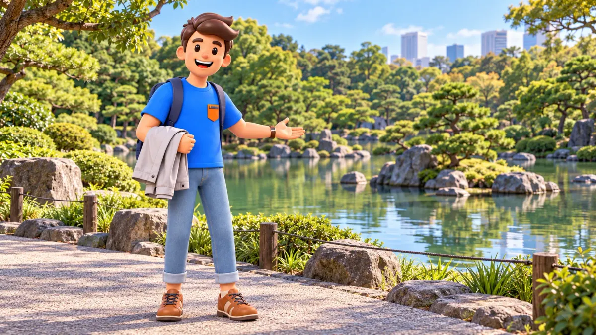 El viajero con una chaqueta ligera muestra la vista de un estanque en un jardín japonés