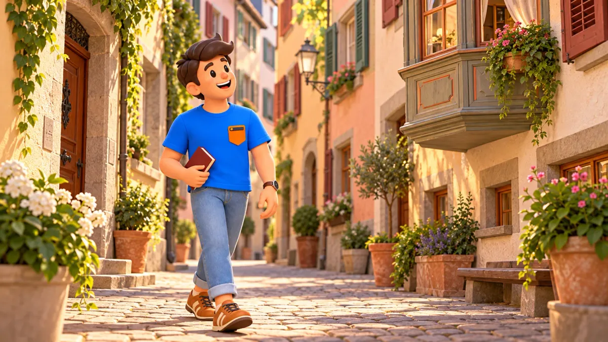 Illustration of a traveller looking at bay windows in an imagined old-town lane