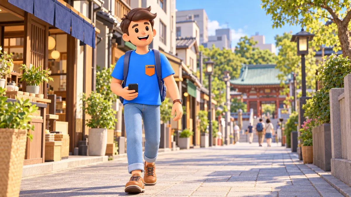 Viajero con un teléfono caminando por una calle inspirada en Monzen-nakacho