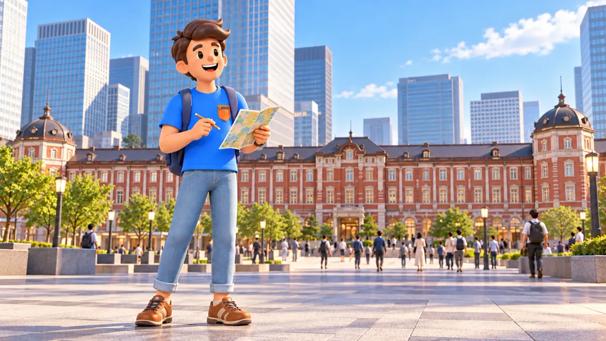 Traveler with a plan on the plaza before a stylized brick station