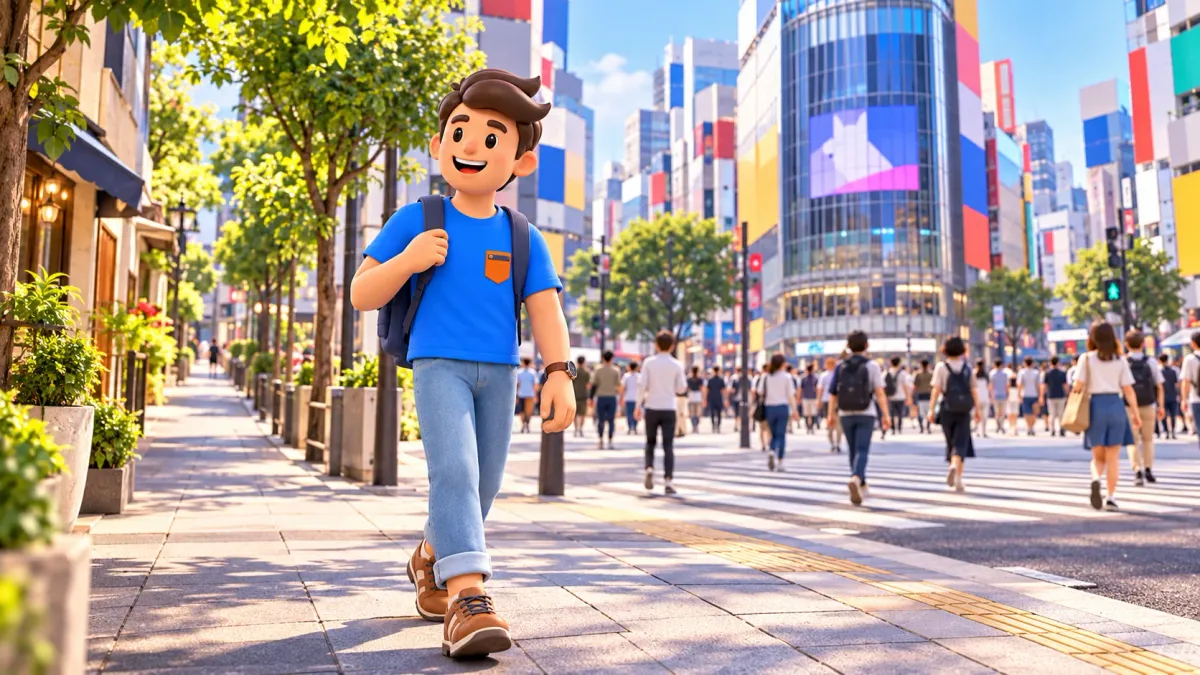 Der RoadMe Reisende geht von einer belebten Kreuzung zu einer ruhigeren Straße im stilisierten Shibuya.