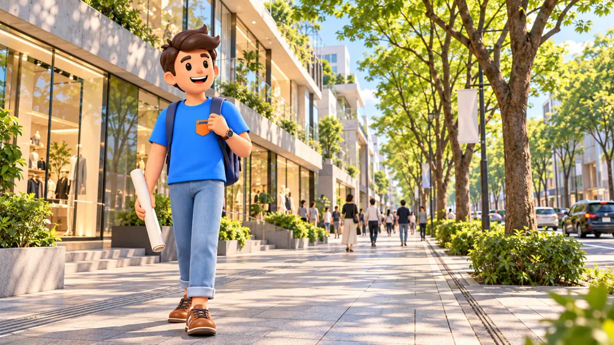 Reisender mit einer Papierrolle auf einer baumbestandenen Allee vor modernen Fassaden in Omotesando.