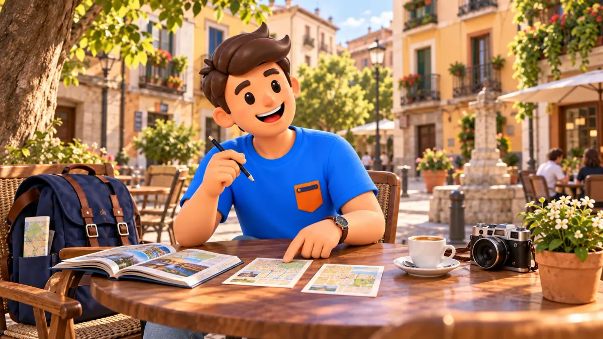 Ilustración de un viajero organizando dos días en una terraza del Madrid antiguo