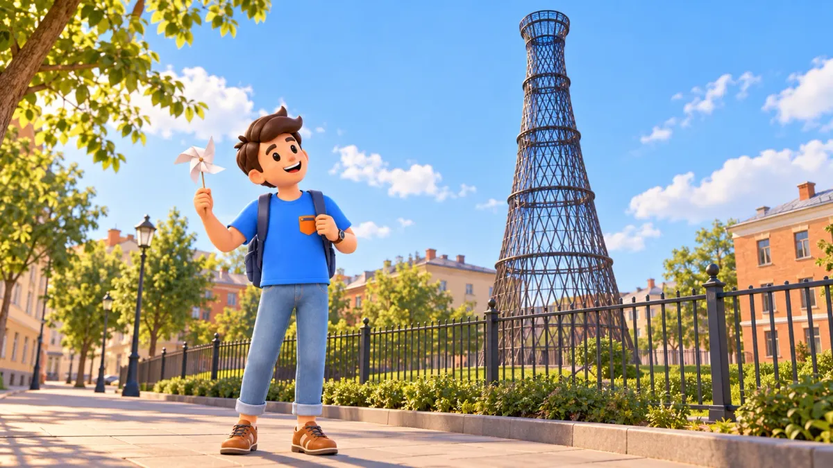 A traveler with a paper pinwheel outside a fenced illustrative lattice tower, 3D illustration