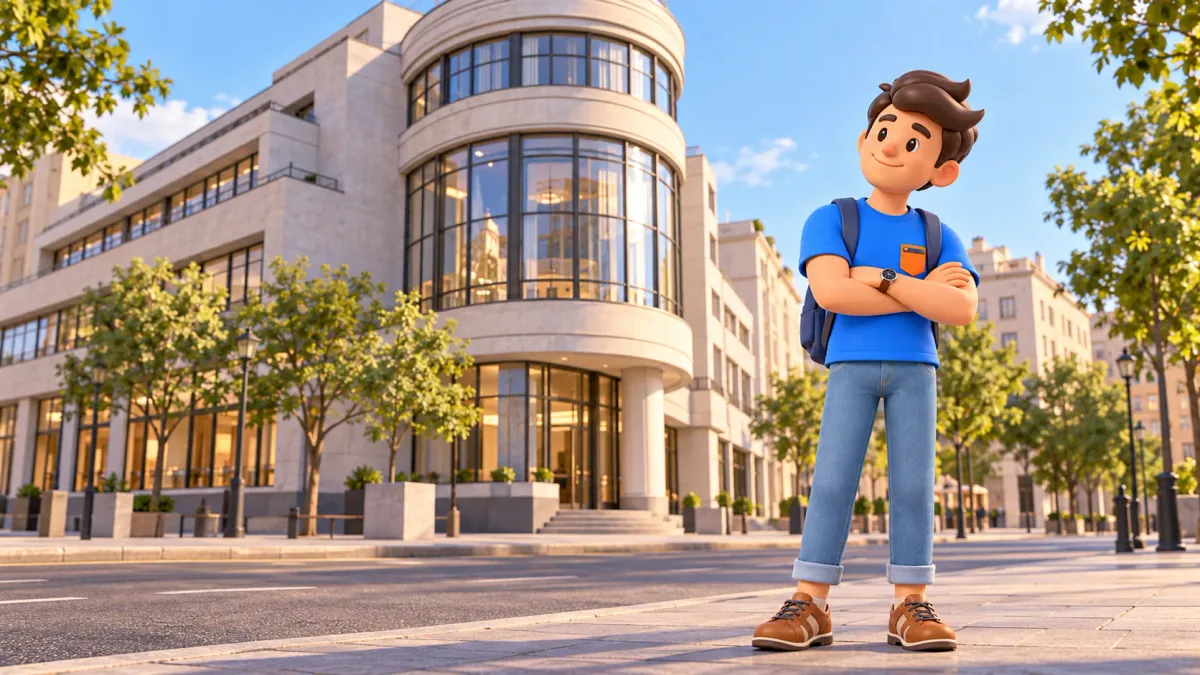 A traveler studies an illustrative modernist building with a curved glazed corner, 3D illustration