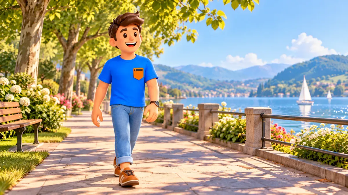 Illustration d’un voyageur sur une promenade au bord d’un lac imaginaire