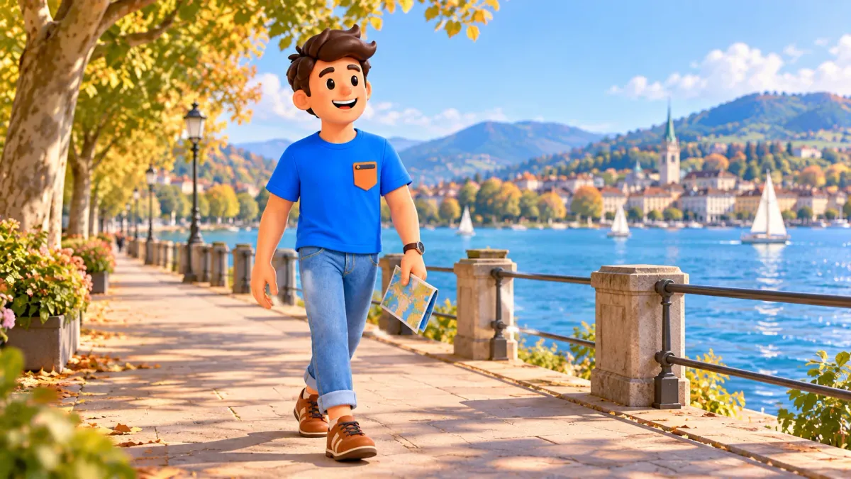 Ilustración de un viajero con mapa en un paseo imaginario junto al lago