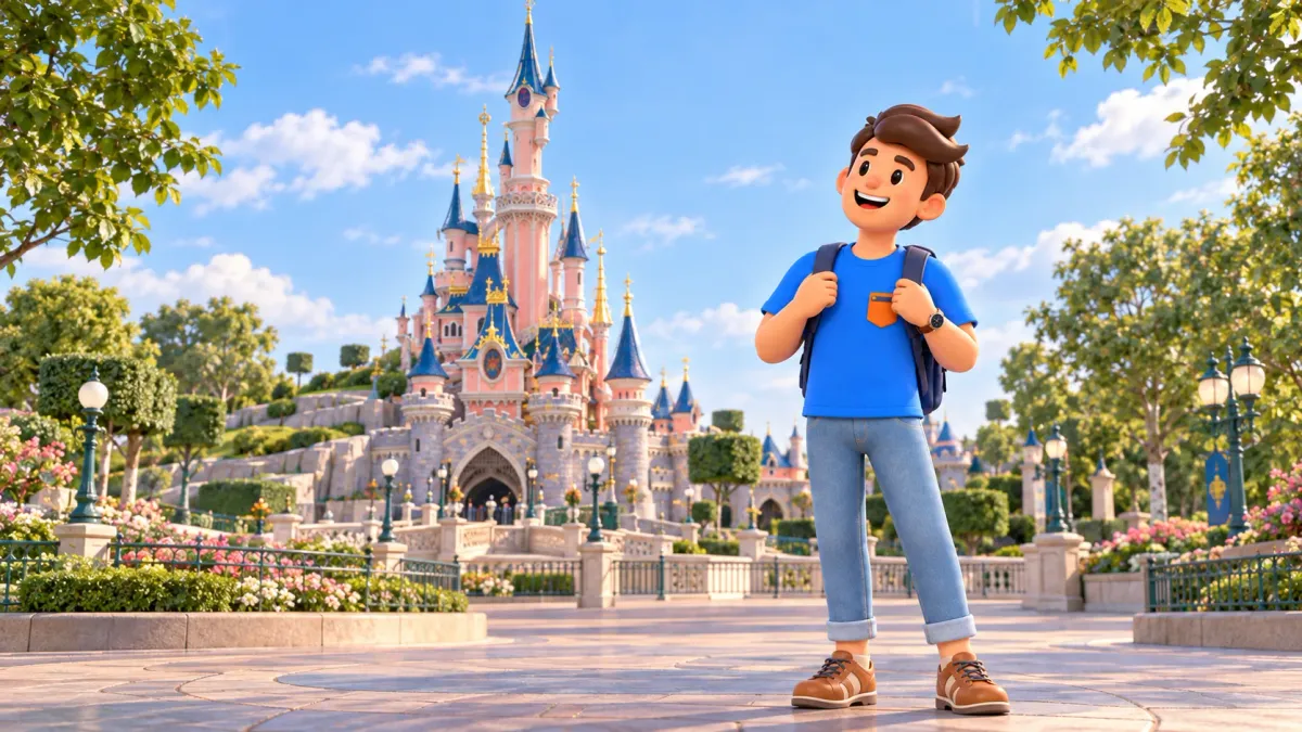 El viajero de RoadMe ante las torres rosas del Castillo de la Bella Durmiente
