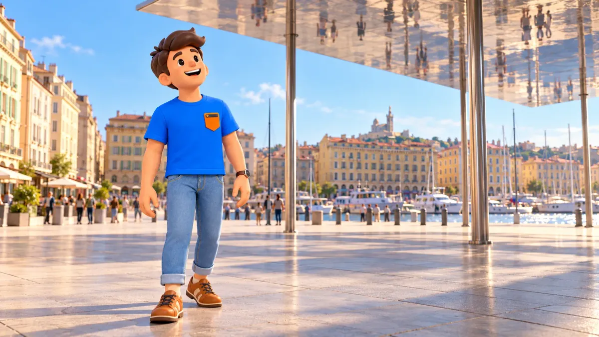 Illustrated traveller looking up at the mirrored Ombrière canopy in Marseille’s Old Port