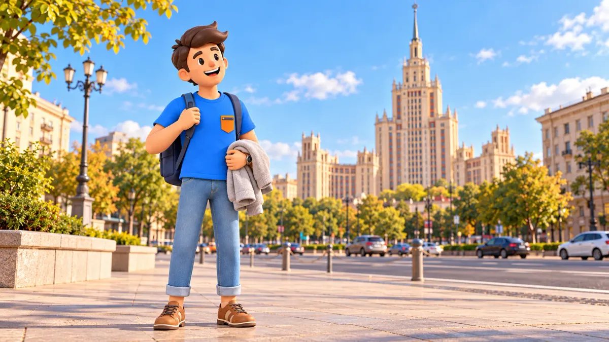 A traveler with a folded layer near an illustrative post-war high-rise, 3D illustration