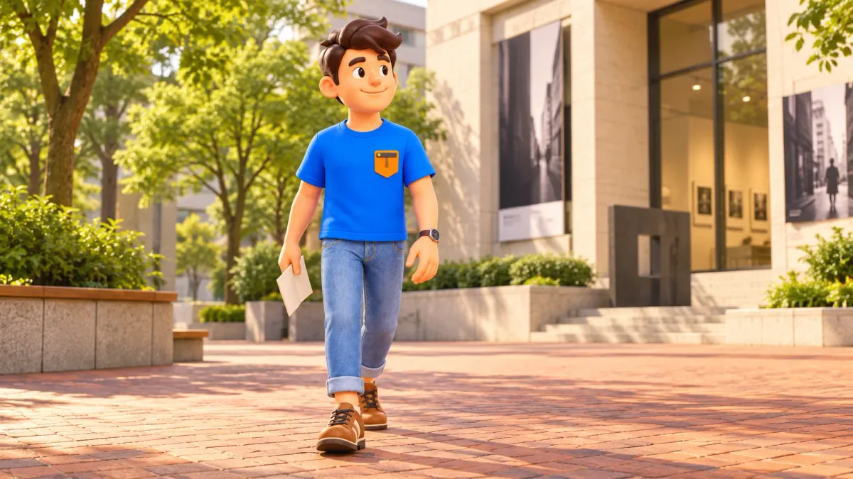 Traveler walking through a museum plaza holding folded paper