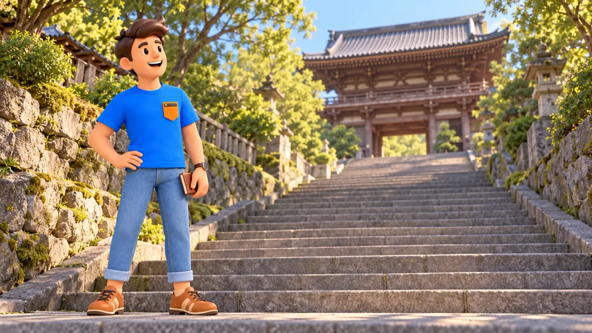 Voyageur près d’un escalier de pierre menant à un temple bouddhiste