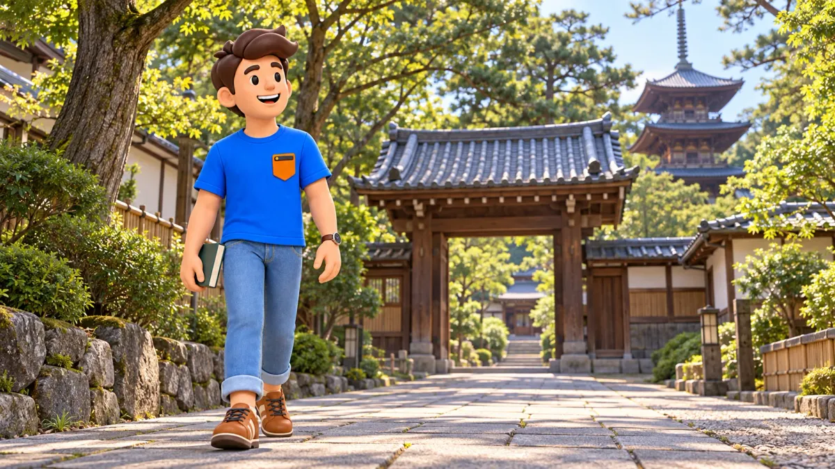 Traveler on a temple approach among trees.
