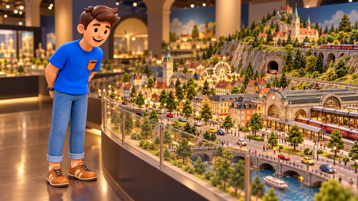 Voyageur observant une ville miniature dans une scène muséale symbolique.