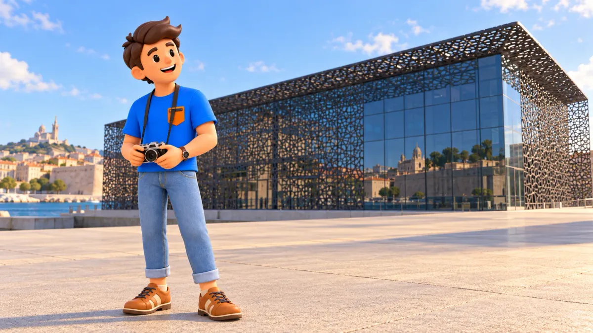 Illustrierter Reisender mit Kamera betrachtet die nach Fotovorlage gestaltete J4-Fassade des Mucem