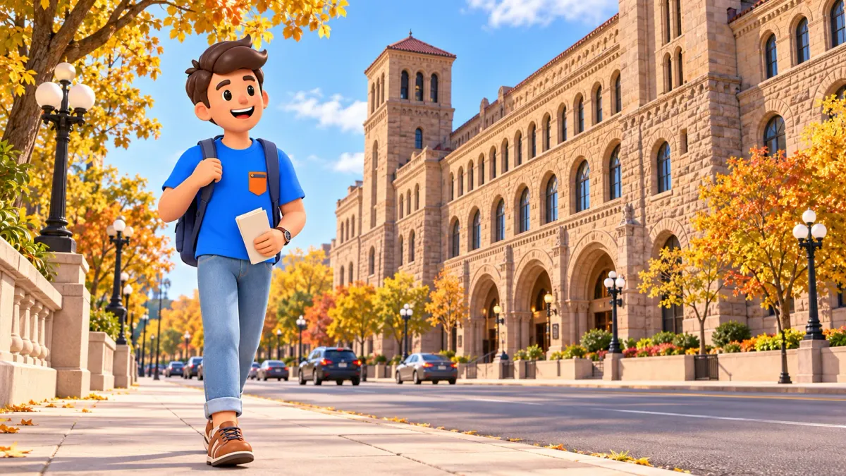 Voyageur avec un programme sur Michigan Avenue près d’un Auditorium Building stylisé.