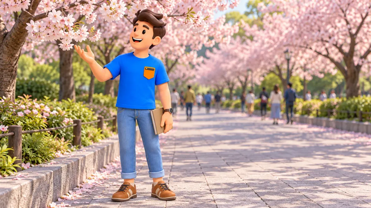 Traveler enjoying cherry blossoms on a park avenue